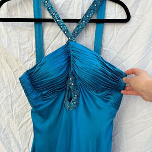 Aidan Mattox Y2K Blue Silk Jeweled Halter Gown Size 12